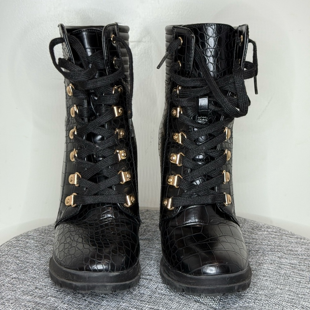 Shoe Dazzle Black Croc-Embossed Moto Boots